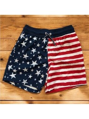 Boy’s Patriotic Stars & Stripes Swim Shorts Trunks Sz Small 6-7 Red White Blue